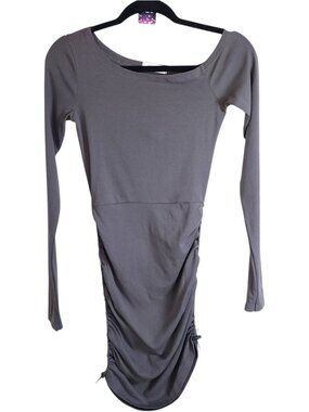 LuSa Ruched Bodycon Mini Dress Charcoal Long Sleeve Asymmetrical Hem Size Small